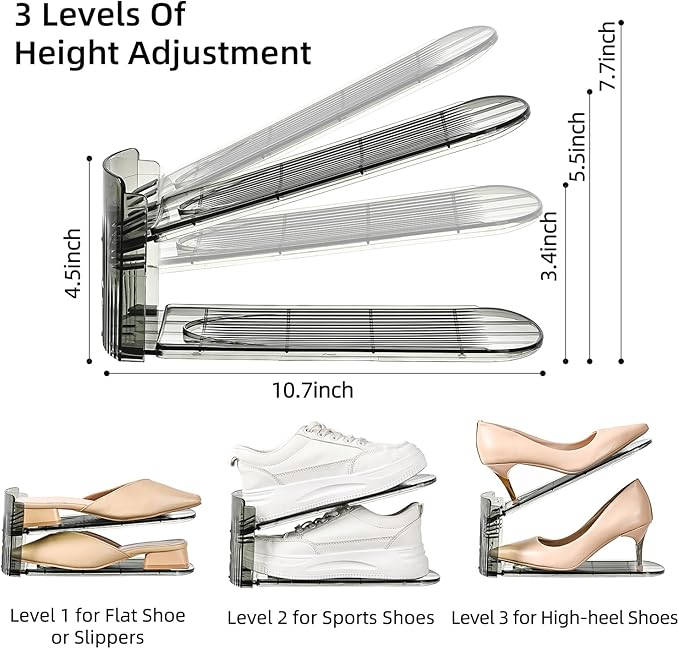 Shoe Slots Organizer, Clear Shoe Stacker, Adjustable Level Shoe Rack,Storage Space Saver for Sneakers Display (Grey Transparent, 12Pack)