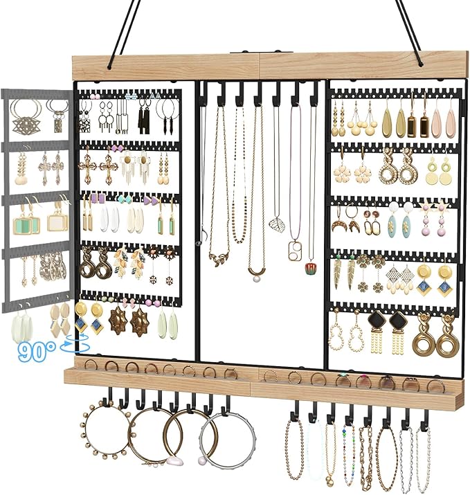 Large Rotating Hanging Jewelry Organizer, 5-Tier Earring Holder Storage Holds up to 180 Pairs, Wall Mounted Jewelry Rack for Earrings, Necklaces, Bracelets and Rings, for Girls, Black