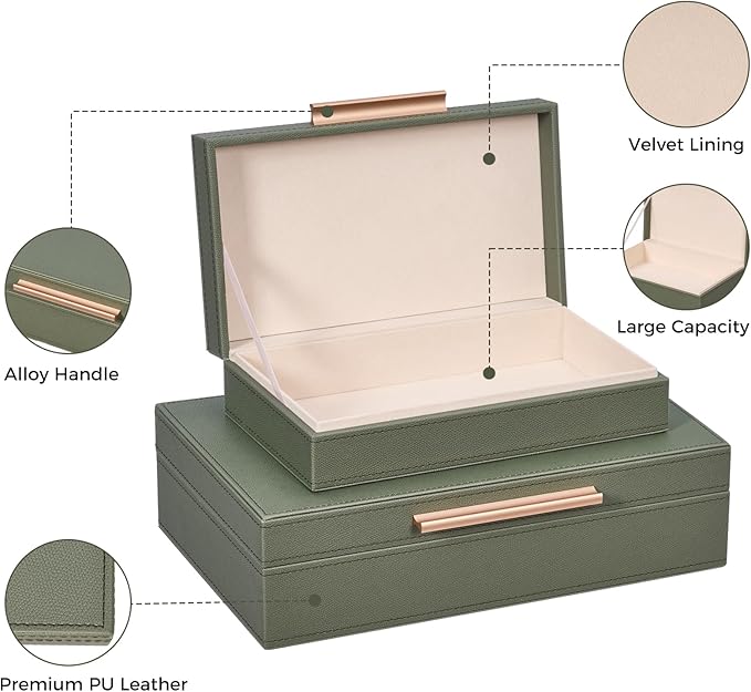 Decorative Box, Decorative Boxes with Lids 2-Set, Memory Box for Keepsakes, Beautiful PU Leather Decorative Storage Boxes in Style, Decor Box with Rose Metal Handle, Store Photos, Documents Green
