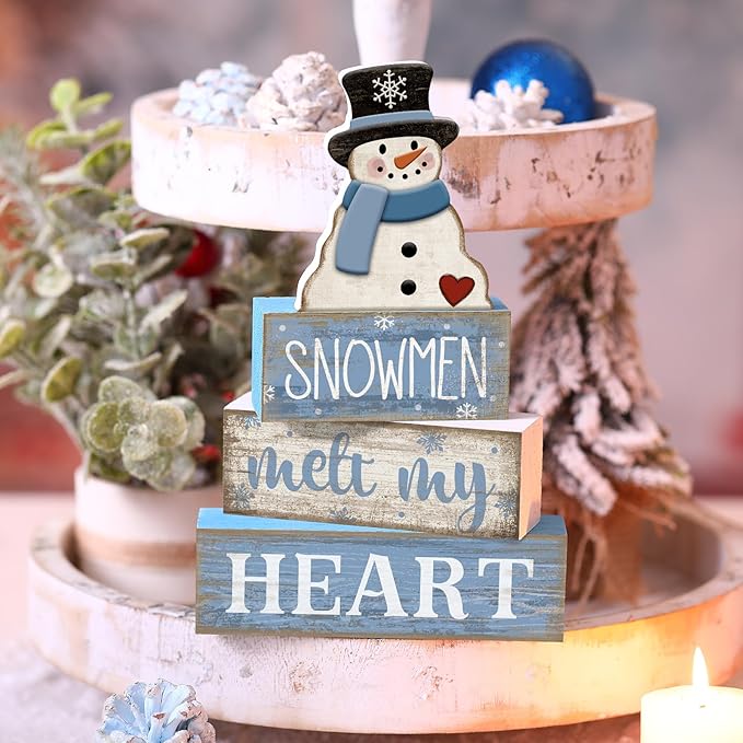 Moucuny 4 Pcs Winter Table Decorations Blue and White Snowman Decor Winter Tiered Tray Decor Valentines Day Centerpiece Rustic Decorative Hat Snowman Block Signs Gift Farmhouse for Home Kitchen Shelf