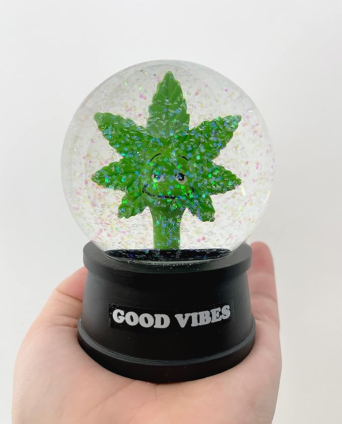 'Good Vibes' Snow Globe – Funny Stoner Meme Gift with Glitter | Cannabis-Themed Collectible, Hand-Painted Glass & Resin, 4.5"x2.75", 15 oz