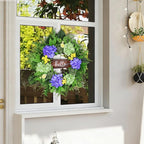 24” Spring Summer Wreaths for Front Door, Greenery Front Door Wreath with Hello Sign for Indoor Outdoor Porch Window Wall, Artificial Floral Wreath with Hydrangeas Berries for Home Decor