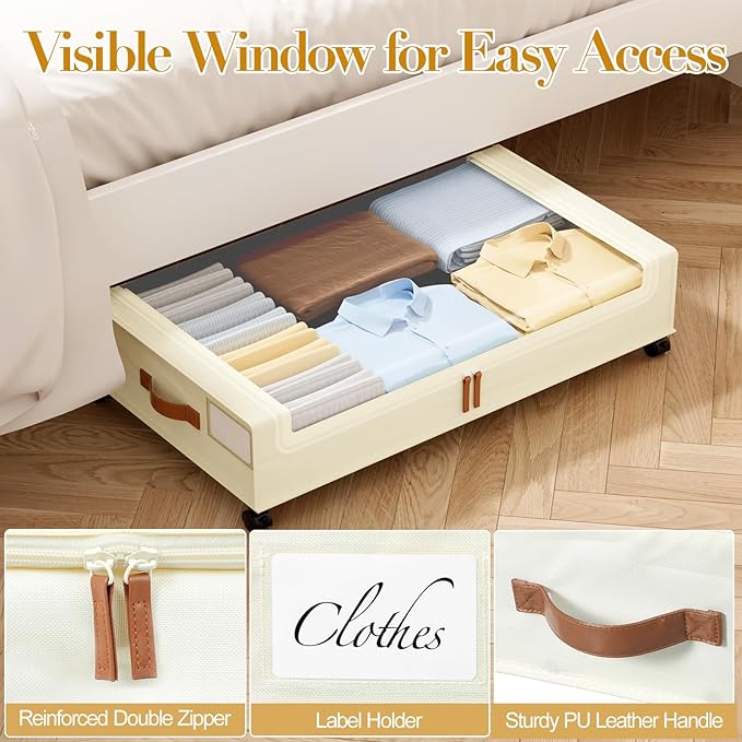 Yecaye Under Bed Storage with Wheels, 4 Pack Under the Bed Storage Containers with Lids & Label, XXL 60L Rolling Underbed Storage Drawers for Clothes, Blankets, Shoes, Beige