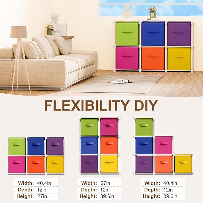 6 Cube Storage Organizer with Shelf Back to School Boxes 11 Inch Toy Storage Bins Closet Organizers Drawers Fabric Dresser for Playroom Books Bedroom Dorm Kitchen (Multicolor)