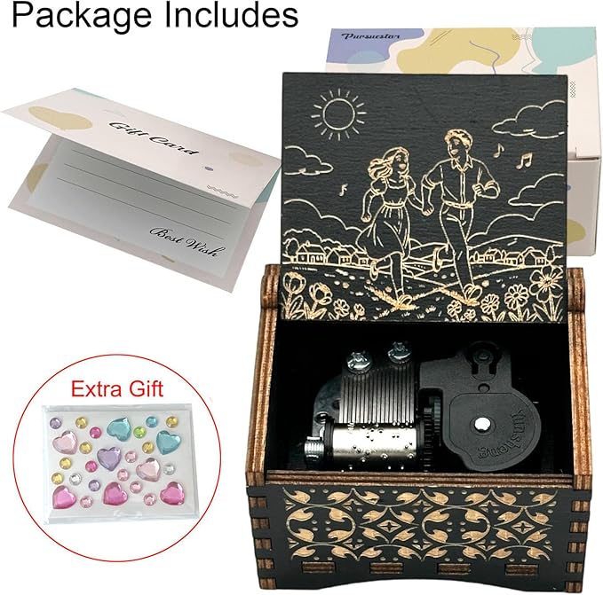 Pursuestar Black Wooden Wind Up Music Box - Fur Elise, Vintage Engraved Wood Mechanism Musical Gifts for Anniversary Mother's Day Valentine's Day Christmas Thanksgiving Birthday
