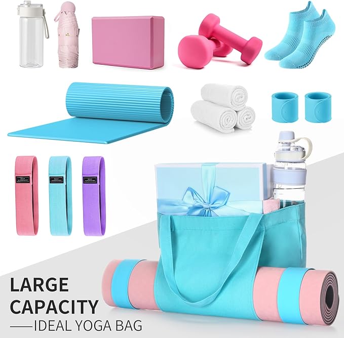 Yoga Bag Set for Women Including Yoga Mat Tote Bag, Booty Resistance Bands, Non Slip Sports Socks Silicone Ties for Pilates Travel Workout Office Home Gym