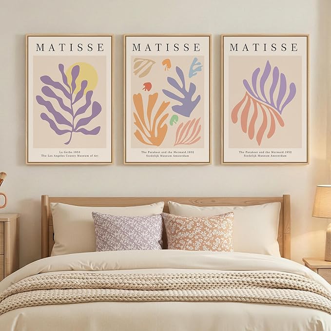 Framed Large Matisse Canvas Wall Art Set of 3, Vintage Colorful Abstract Floral Artwork Prints, Neutral Beige Matisse Botanical Wall Decor for Living Room, Bedroom, Hallway and Office, Total Size 30x60