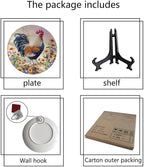 Rooster Decorative Ceramic Plates, 10inch, Rooster on Stone Round Display Plate, Decorative Plates with Stand, for Home Kitchen Bedroom Decorative Ornaments
