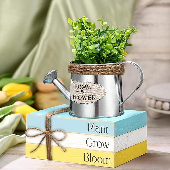 Wesiti 4 Pcs Spring Table Centerpieces Decorations Farmhouse Tiered Tray Decor Kettle Eucalyptus Fake Book Stack Decor Spring Decoration for Home Wooden Block Sign for Desk Tabletop Shelf Indoor