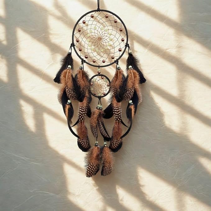 Dream Catchers with Luminous Beads Dream Catchers for Adults Handmade Native American Hanging Wall Decor Ornament for Bedroom Brown