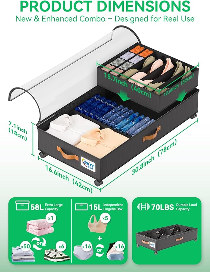 Under Bed Storage with Wheels, 2-Pack 58L Under the Bed Storage Containers with Lids, 1-Pack 15L Box, Organizer Bins Rolling Underbed Storage for Clothes, Underwear, Socks, Shoes - Delicate Style