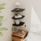 JJL Corner Shelf with Rails, 3-Tier Hexagon Floating Corner Shelf Wall Mounted, 12 Inch Black Rustic Wood Heavy Duty Wall Storage for Bathroom Kitchen Living Room Bedroom
