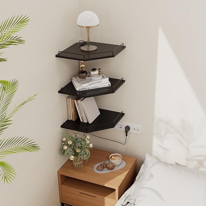 JJL Corner Shelf with Rails, 3-Tier Hexagon Floating Corner Shelf Wall Mounted, 12 Inch Black Rustic Wood Heavy Duty Wall Storage for Bathroom Kitchen Living Room Bedroom