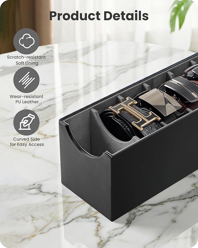 Lolalet 7 Compartments Belt Organizer, PU Leather Belt Storage with Soft Lining, Extra-Wide Slots for Men and Women, Fits Drawer, Closet & Entryway Cabinet -1 Pack, Black