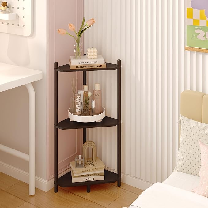 Wisuce Corner Shelf Stand - 3 Tier Bamboo Small Corner Bookshelf, Brown (Color Issue Fixed), for Office Kitchen Bedroom Plant Stand Living Room Decor Small Space