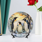 Penguins Family Snowy Forest Stained Glass Painting Decorative Plates Home Decor Ceramic Plates, Dinner Plates Display for Kitchen, Hallway Console Side Table, Presents for Penguin Lovers, 8 Inch