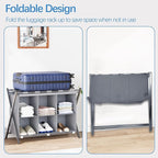 Luggage Rack for Guest Room, Folding Suitcase Stand with 6-Cube Fabric Storage Shelf, Luggage Holder, Steel Foldable Luggage Stand for Guest Room, Bedroom, Hotel, Grey