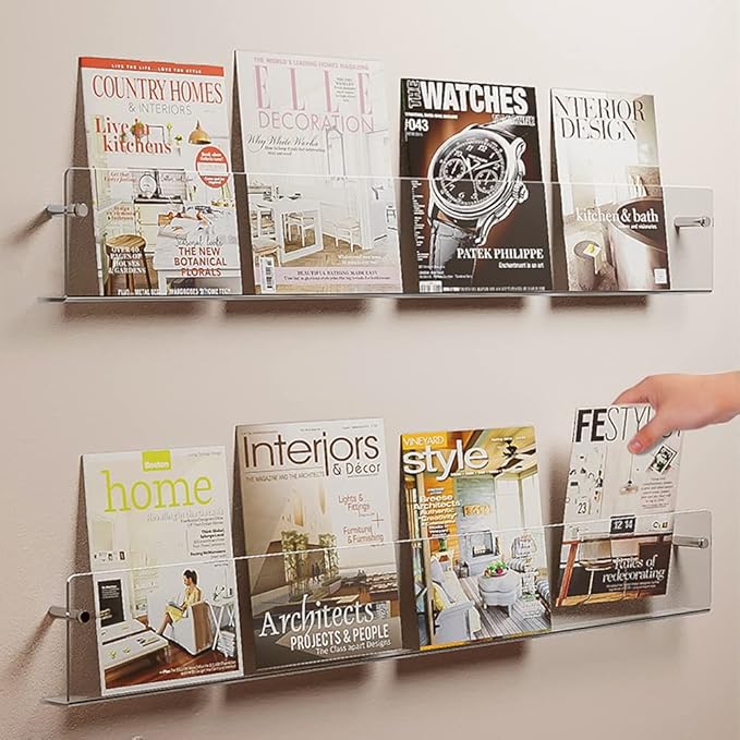 DuvinDD 2 Pack Acrylic Magazine Holder Rack Brochure Holder Wall Mount 24 inch Clear Hanging Magazine Rack Floating Bookshelf for Literature Pamphlet Organizer for Room Office, with Mounting Kit
