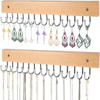Necklace Holder Wall Mounted Jewelry Organizer - 2 Pack Wooden with 28 Rotating 180° Hooks for Hanging Earring & Ring Bracelet Storage, Decorative Space-Saving Jewelry Display (Natural)