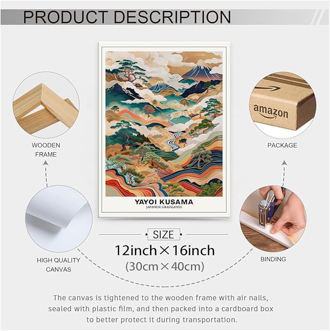 Vintage Yayoi Kusama Grasslands Posters Japanese Wall Art Yayoi Kusama Abstract Landscape Canvas Print for Stylish Room Bedroom Living Room Gallery Decor 12x16in Framed