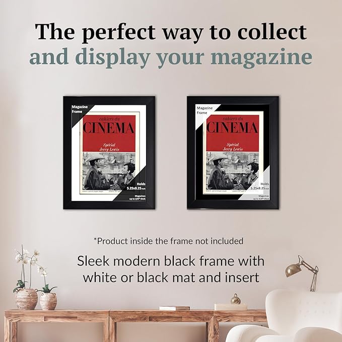 Creative Picture Frames 5.25 x 8.25 Magazine Cinema Frame with Full-Strength Glass, Holds Up To A 1/4" Thick Media Wall Display with Installed Hangers for Easy Mounting, 8x10 Black Frame with White Mat