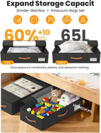 2-Pack Under Bed Storage Bins with Wheels and 6 Vacuum Seal Bags, Heavy Duty 80lbs Capacity, 65L Clear Lid Organizer for Dorm Bedroom Clothes Shoes Toys, Quick Assembly Space Saver (Black, 7.9'' PLUS)
