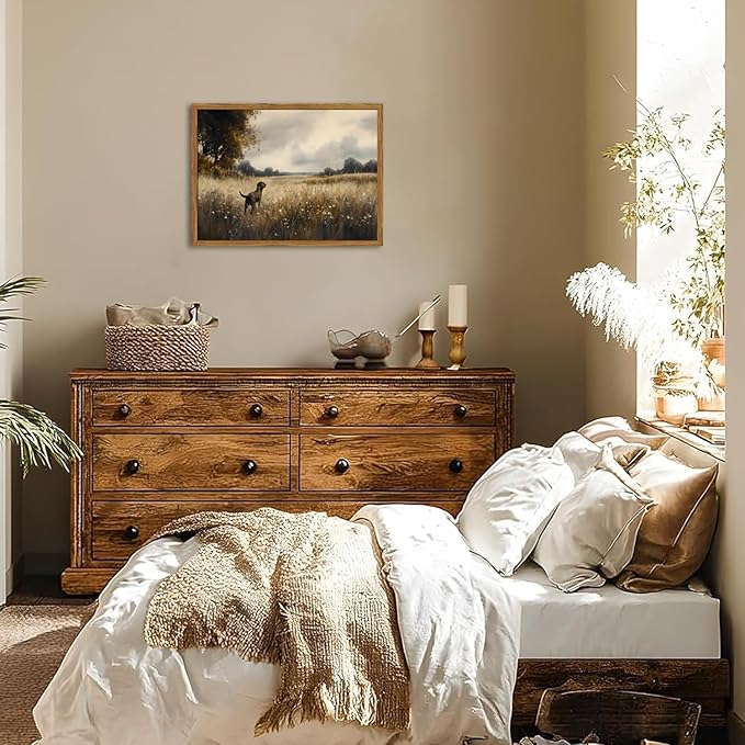 Framed Vintage Hunting Black Dog Wall Art, Rustic Country Landscape Pictures Wall Decor, Farmhouse Animal Paintings Canvas Prints for Home Living Room Bedroom 16x24 inch