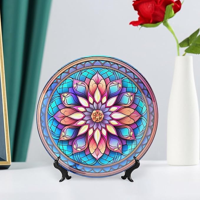 Decorative Plates for Wall Hanging, Morocco Floral Watercolor Stained Glass Print Ceramic Plate w/Display Stand, Home Decor for Kitchen Cabinets, Round Tray 8 Inch, Gift for Family Friends