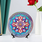 Decorative Plates for Wall Hanging, Morocco Floral Watercolor Stained Glass Print Ceramic Plate w/Display Stand, Home Decor for Kitchen Cabinets, Round Tray 8 Inch, Gift for Family Friends
