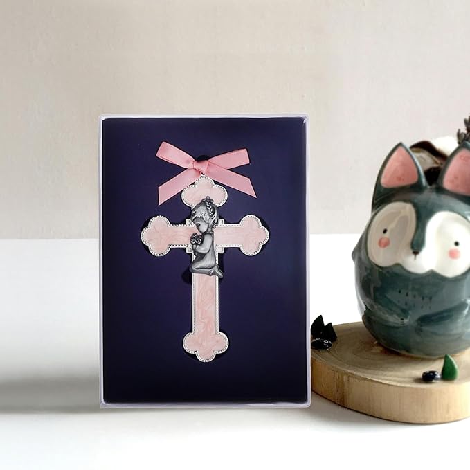 KOMI Pink Baby Wall Cross Baptism Gifts for Girls Praying Boy Cross Wall Hanging Decor Religious Catholic Baptism First Holy Communion Gifts