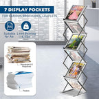 6 Pockets Foldable Literature Rack - Aluminum Magazine Rack, Brochure Catalog Display Stand with Carrying Bag for Exhibition, Trade Show, Office, Retail Store, Home - Silver