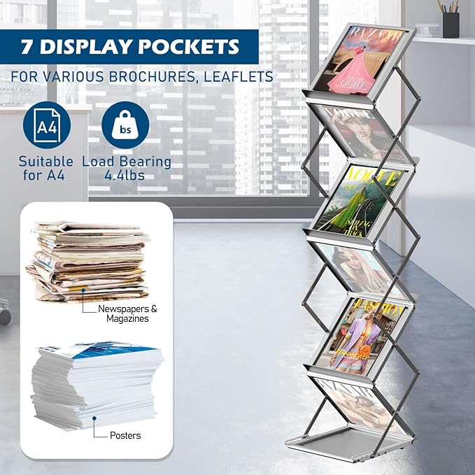 6 Pockets Foldable Literature Rack - Aluminum Magazine Rack, Brochure Catalog Display Stand with Carrying Bag for Exhibition, Trade Show, Office, Retail Store, Home - Silver