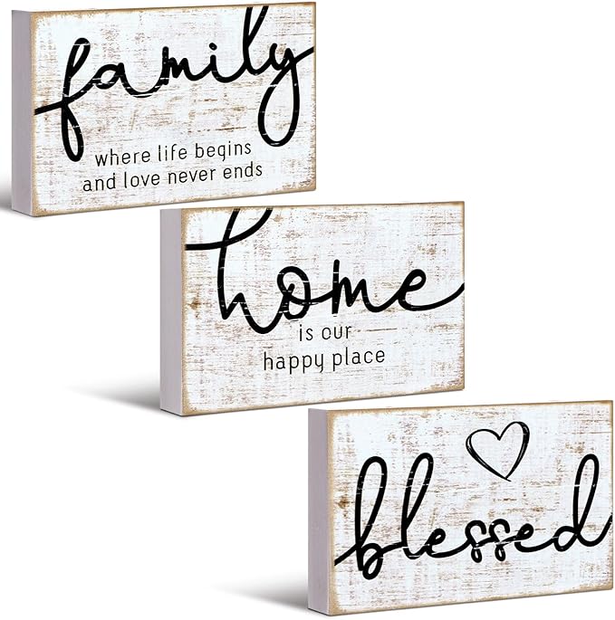 Jetec 3 Pcs Wooden Family Sign Rustic Blessed Home Wall Art Mini Wood Wall Decor Farmhouse Table Shelves Decoration Sign for Bedroom Kitchen Living Room Table Decor (Retro Color,7 x5 x 0.59 in)