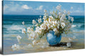 AIYISU Vintage Flowers Canvas Wall Art White Blossom Painting Retro Flowers in Blue Vase Pictures Blue Ocean Coastal Landscape Prints Poster Floral Artwork for Bathroom Bedroom Home Decoration 20x40