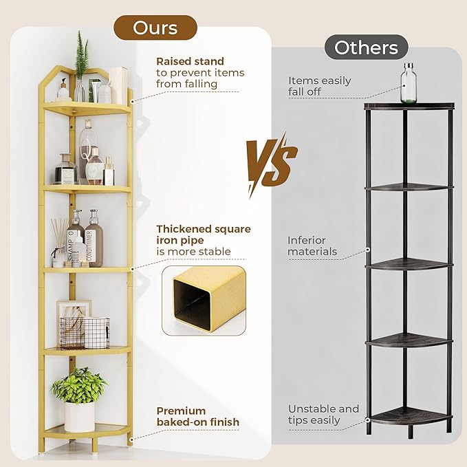 5 Tier Gold Corner Wall Shelf Stand, 66" Metal Corner Shelves Bookshelf Display Shelf for Living Room Decor, Tall Plant Stand Multi Unit Organizer, Standing Shelf for Bedroom,Bathroom,Small Space