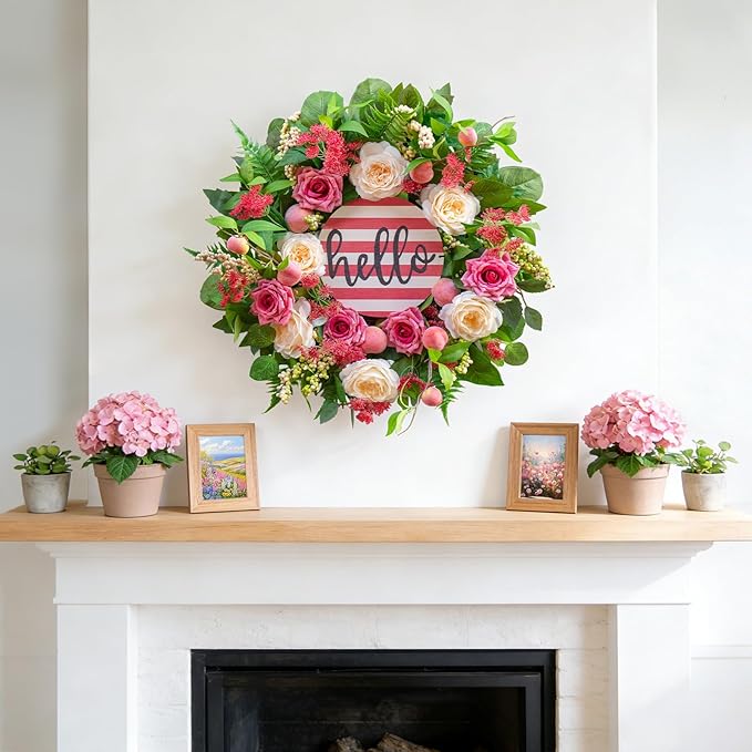 Spring Summer Wreaths for Front Door Outside, 24 Inch Peony & Rose Floral Summer Wreath with Pink Peach Farmhouse Door Decor, Spring Wreaths for Front Door, Spring Door Wreath for Front Door Outside