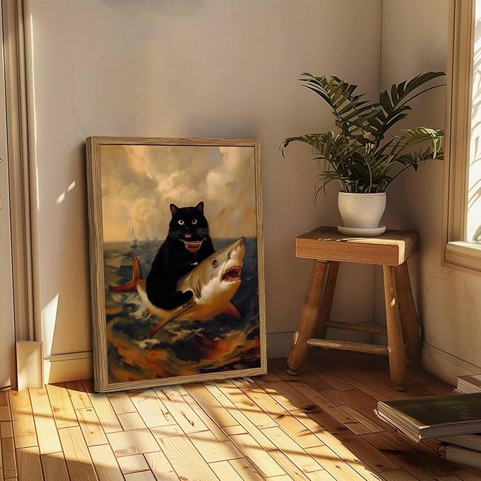 Funny Black Cat Wall Art Whimsical Cat Riding a Shark Wall Decor Picture Unique Animal Ocean Poster Canvas Painting Prints for Bedroom Living Room 12x16 inch Framed