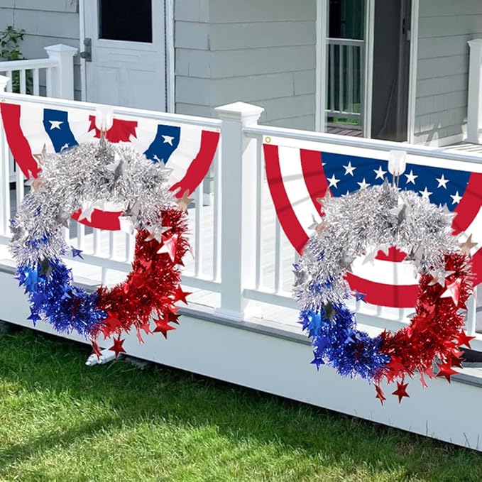 Patriotic Wreath for Front Door Red White Blue Wreath 4th of July Wreaths for Door Wall Memorial Day Decor Independence Day Hanging Decoration for Outside Home Farmhouse Holiday (Shiny A)