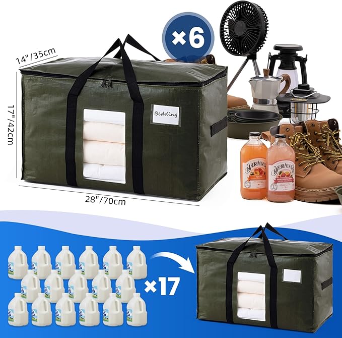 TAILI 6 Pack Green Extra Large Moving Bags, Heavy Duty Totes with Visible Window, Wrap Around Handles, Space-Saving Storage, Alternative to Moving Boxes