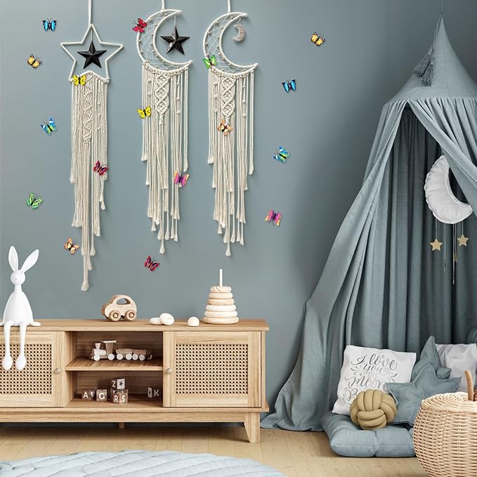 Macrame Moon Star Dream Catcher Decor for Girl, Boho Crescent Dreamcatcher Bohemian Wall Hanging Dream Catcher with Star Pendant for Home Bedroom Craft Decoration(3pcs)