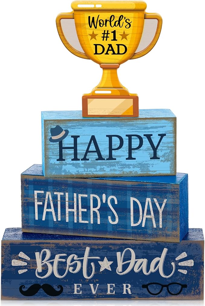Yuntau 4 Pcs Father's Day Decorations Happy Father's Wooden Tabletop Tiered Tray Decor Rustic Best Dad Ever Trophy Block Table Sign Centerpiece for Farmhouse Shelf Office Birthday Party Gift