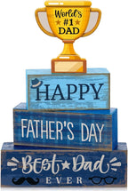 Yuntau 4 Pcs Father's Day Decorations Happy Father's Wooden Tabletop Tiered Tray Decor Rustic Best Dad Ever Trophy Block Table Sign Centerpiece for Farmhouse Shelf Office Birthday Party Gift
