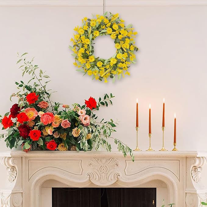 24 Inch Yellow Daisy Wreath, Artificial Spring Summer Wreath with Eucalyptus Leaves, Yellow Forsythia Flowers Front Door Wreath for Indoor Outdoor Home Farmhouse Wall Window Porch Decor