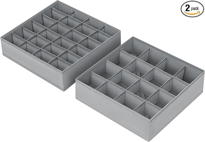 Joyoldelf Sock Drawer Underwear Organizer Divider 2 Packs, 24 Cell + 16 Cell for Storing Socks, Handkerchiefs, Ties, Belts (Grey)