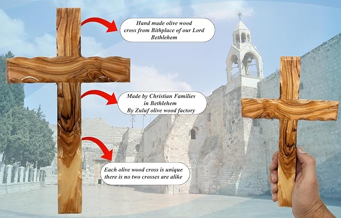 Zuluf Wooden Olivewood Plain Cross For Wall decor | Large Wall Cross Christian Religious Gift | Wall Art Home Room Décor | Jerusalem Decorative Wall Cross with Holy Land Certificate | 25cm / 9.8"