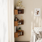 Corner Shelves Wall Cabinet Set of 3, Floating Corner Shelf Organizer with Sliding Doors, Fluted Wall Cabinet for Living Room, Bedroom, Office, Small Space, Walnut (recessed, 15.74")