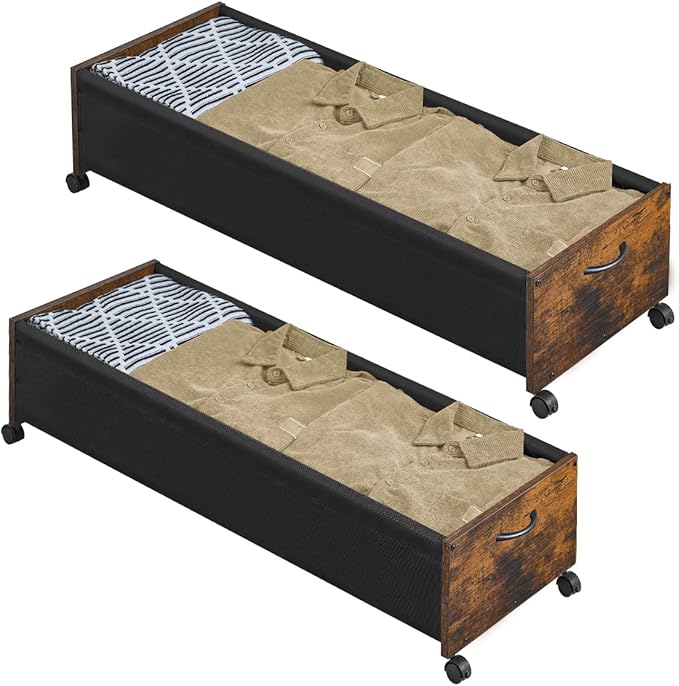 Under Bed Storage with Wheels, Wooden Under Bed Drawers On Wheels, Rolling Under Bed Shoe Storage, Space Saving,Rustic Brown,80L