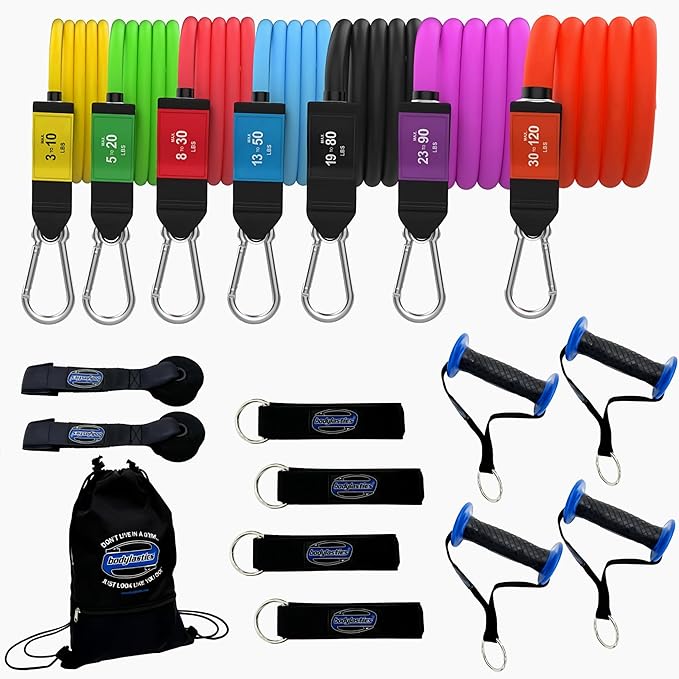 Bodylastics Patented Basic Series Resistance Band Set - 5 Resistance Bands with Snap Reduction Tech, 2 Handles, 2 Ankle Straps, 1 Door Anchor & 1 Carry Bag