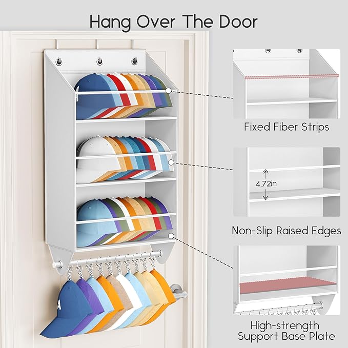 Over the Door Hat Rack - 3-Layer Design Hat Organizer Holds 30-36 Hats with 10 Hooks, Ideal Hat Rack for Door, Over the Door Organizer for Closet, Apartment, Bedroom, Dorm, 2 Pack, White