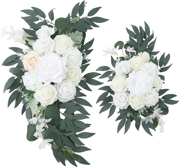 2 Pcs White Wedding Arch Flowers Set, Large 23.6 in & Small 15.7 in Artificial Floral Swag for Outdoor Wedding Decorations, Pre-Assembled for Easy Installation, Polyester Flowers for Longevity